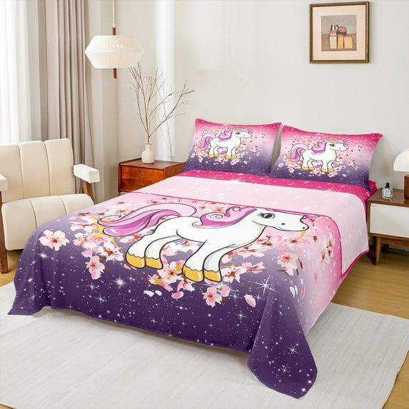 Manfei Kawaii Cartoon Unicorn Queen Sheet Sets for Kid, Pink Purple Sequin Print Flat Sheet, Blossoms Floral Queen Fitted Sheet, Lightweight Room Decor, 4-Piece