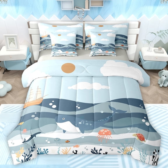 Manfei Kawaii Cartoon Whale Bedding Comforter Set 7 Pieces for Teens, Marines Ocean Waves Full Bedding Set, Blue Marine Sky Reversible Fitted Sheet Flat Sheet, Lightweight Room Decor