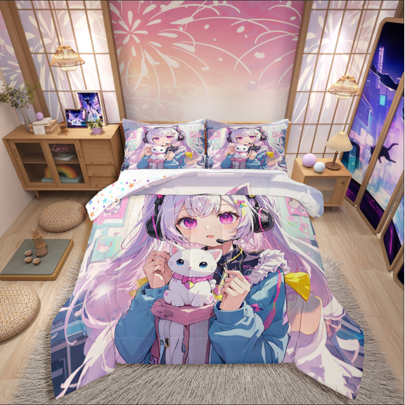 Manfei Kawaii Cat 3 Pieces Queen Comforter Set,Japanese Style Bedding Sets,Anime Girl Bedding Comforter Set,Microfiber Teenager Bedroom Decor,Reversible