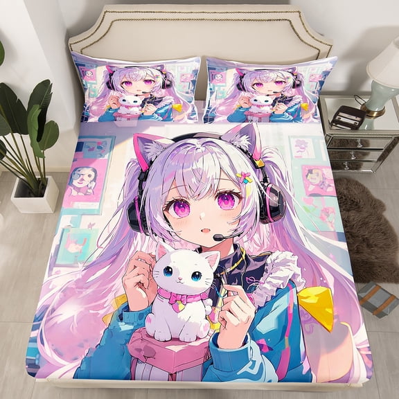 Manfei Kawaii Cat 4-Piece Full Size Sheets,Japanese Style Bed Sheets,Anime Girl Lightweight Sheet Sets,Teenager Bedroom Decor