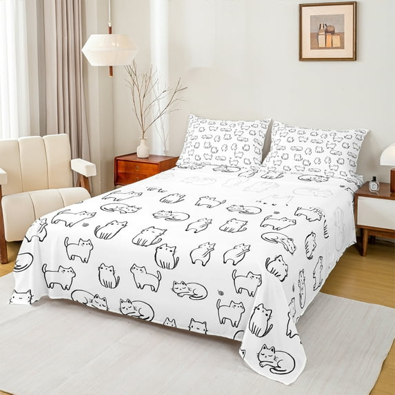 Manfei Kawaii Cat Animal Bed Sheets for Kids, Cute Kitten Lover King Sheets, Simple Cartoon Theme Sheet Set, Super Cozy Room Decor, 4-Piece