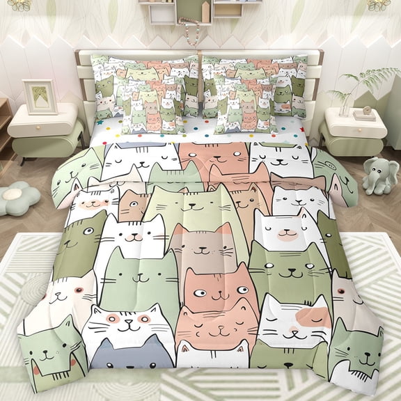 Manfei Kawaii Cat Animal Bedding Comforter Set 7pcs for Teen, Cute Cartoon Animal Queen Bedding Sets, Funny Kitten Lover Reversible Queen Sheet Sets, Breathable Home Decor