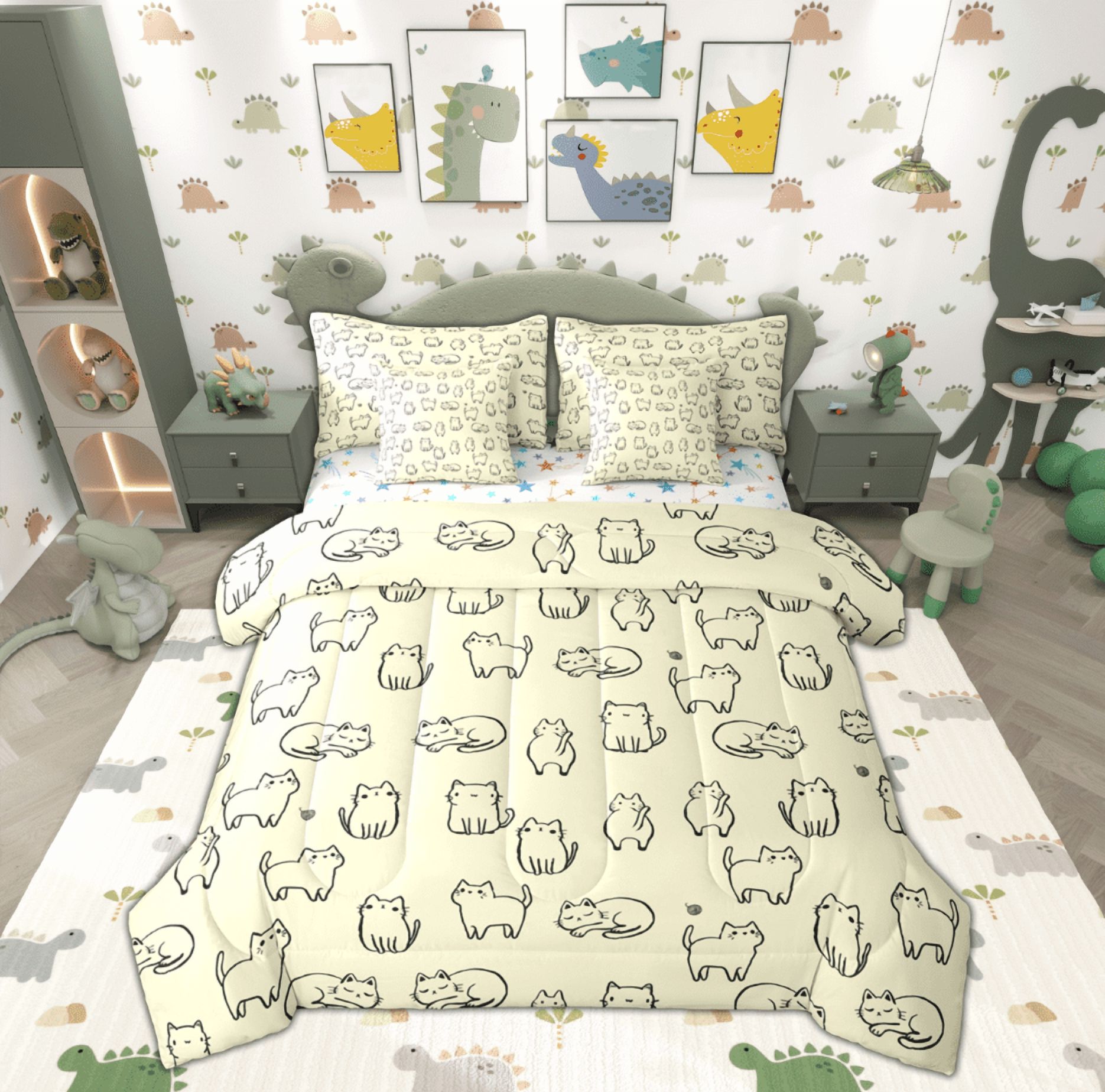 Reversible Sheets Manfei Kawaii Cat Animal Twin Bedding Sets 7-Piece for Kids, Cute ...