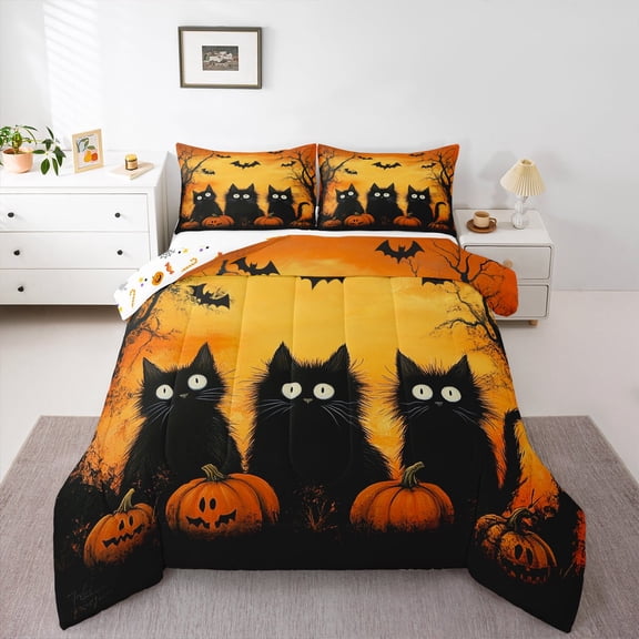 Manfei Kawaii Cat Bedding Comforter Set,Spooky Halloween Twin Comforter Sets,Pumpkin Lantern Bat Bedding Set For Kids,Luxury Bedroom Decor Reversible,2pcs