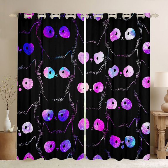 Manfei Kawaii Cat Curtains and Drapes Pack of 2 (52x63 Each), Boho Cosmic Galaxy Kitten Black Out Curtains, Black Pink Purple