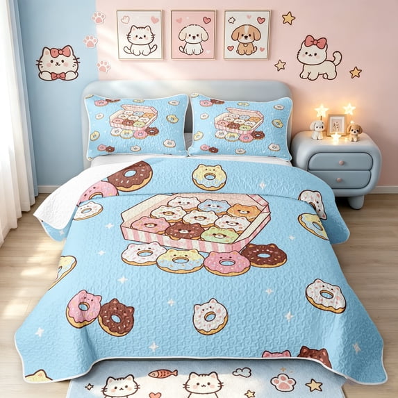 Manfei Kawaii Cat Donut Twin Quilt Set, Sweet Treat Twin Coverlet Set, Blue Pink, 2 Pieces, 1 Bedspread and 1 Pillowcase