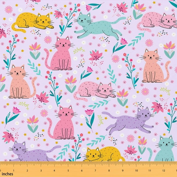 Manfei Kawaii Cat Fabric by the Yard 3 Yards, Cartoon Kitten Room Decor Fabric by the Yard, Lavender White