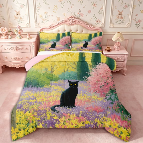 Manfei Kawaii Cat Full Size Comforter Sets 3-Piece,Spring Garden Bedding Comforter Set,1 Comforter and 2 Pillowcases,Reversible
