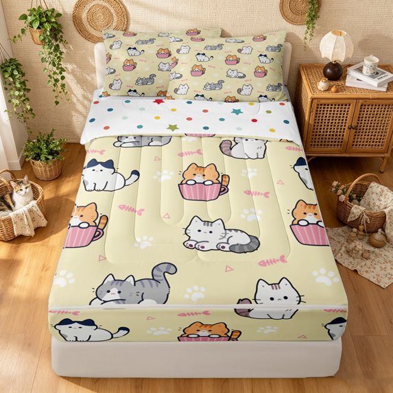 Manfei Kawaii Cat Grid Zipper Twin Comforter Sets with Fitted Sheet and 2 Pillowcases, Lovely Kitten Zipper Bedding Set, Cream White, Polkadot Reversible, 4pcs