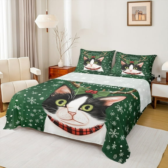 Manfei Kawaii Cat Kitten Bed Sheets 4 Pieces, Merry Christmas King Sheets, Snowflakes Elk Sheet Set, Breathable Home Decor