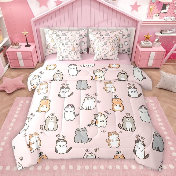 Homewish Kawaii Cat Kitten Bedding Comforter Set 7pcs, Cute Cartoon Animal Lover Queen Bedding Sets, Teens Kids Girls Reversible Queen Sheet Sets, Super Cozy Room Decor