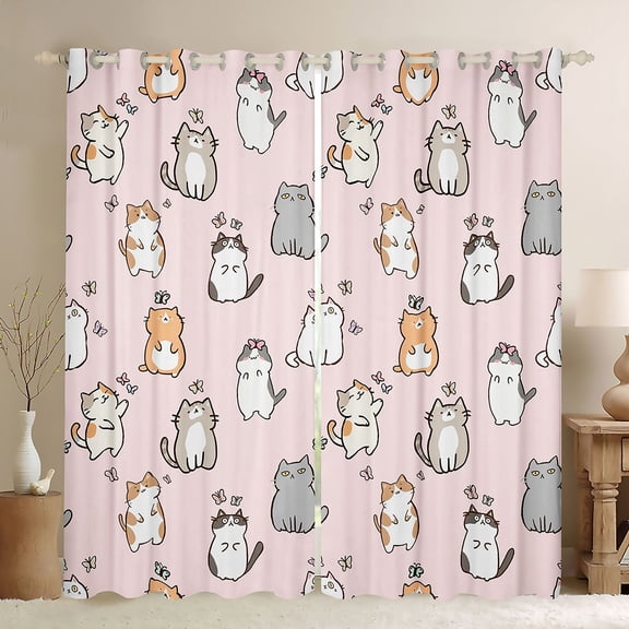 Manfei Kawaii Cat Kitten Black Out Curtains, Cute Cartoon Animal Lover Curtains Pack of 2 (42x63 Each), Teens Kids Girls Bedroom Curtains, Blackout Curtains Room Decor
