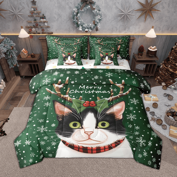 Manfei Kawaii Cat Kitten Twin Bedding Sets 7 Pieces, Merry Christmas Bedding Comforter Set, Snowflakes Elk Sheet Sets, Breathable Home Decor