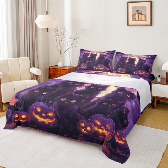 Manfei Kawaii Cat Kitten Twin Sheet Sets,Spooky Pumpkin Lantern Twin Fitted Sheet,Happy Halloween Flat Sheet For Child,Breathable Home Decor,3-Piece