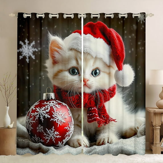 Manfei Kawaii Cat Lover Blackout Curtains Set of 2 (52x84 Each) for Teen, Red Christmas Ball Window Curtains, Cute 3D Animal Curtains and Drapes, Curtains and Drapes Bedroom Decor