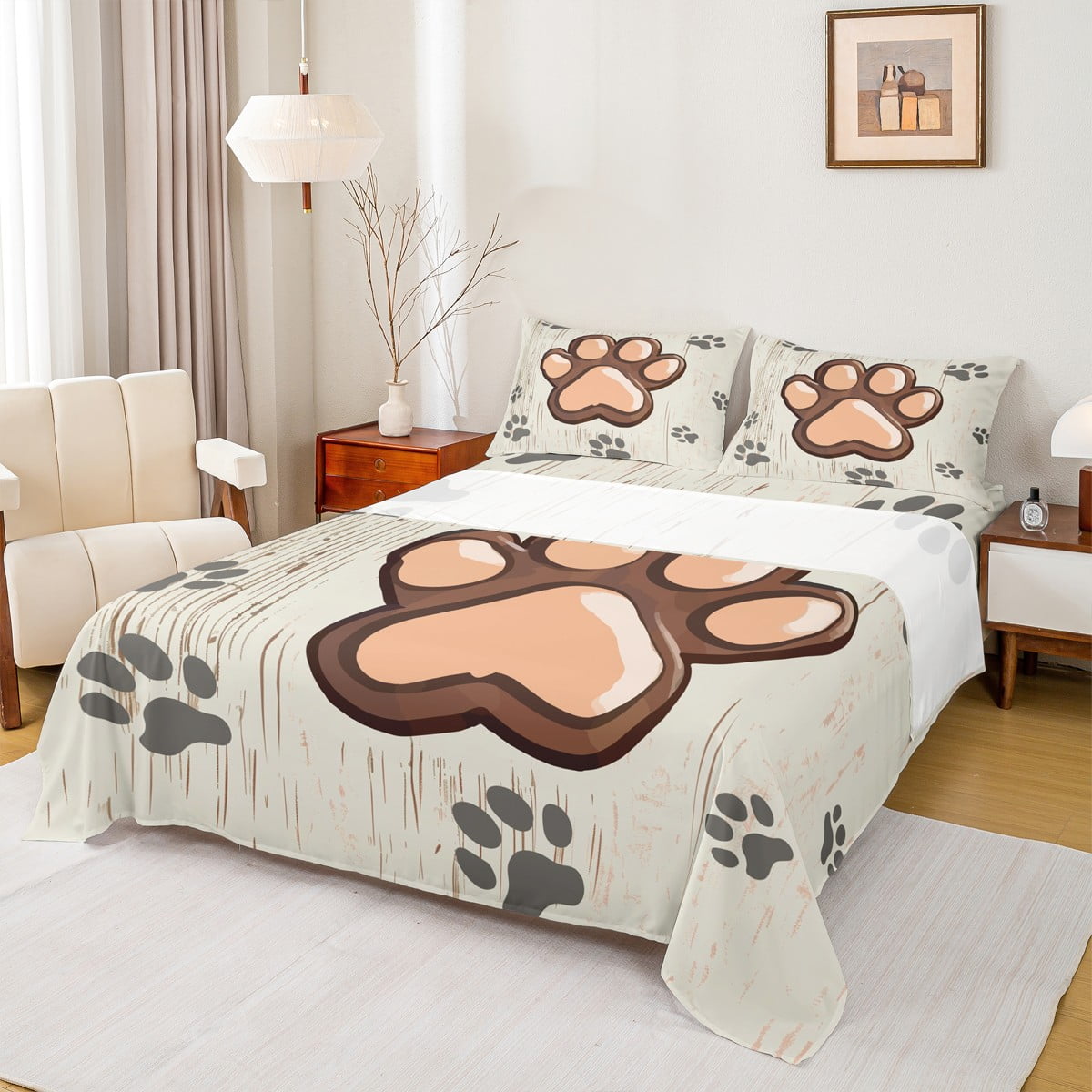 Homewish Footprints Fitted Sheet Dog Cat Paw Puppy Feet Print Bedding Set 3pcs with 2 Pillowcases Animal Theme Fitted Sheet Set Soft Polyester Bedding