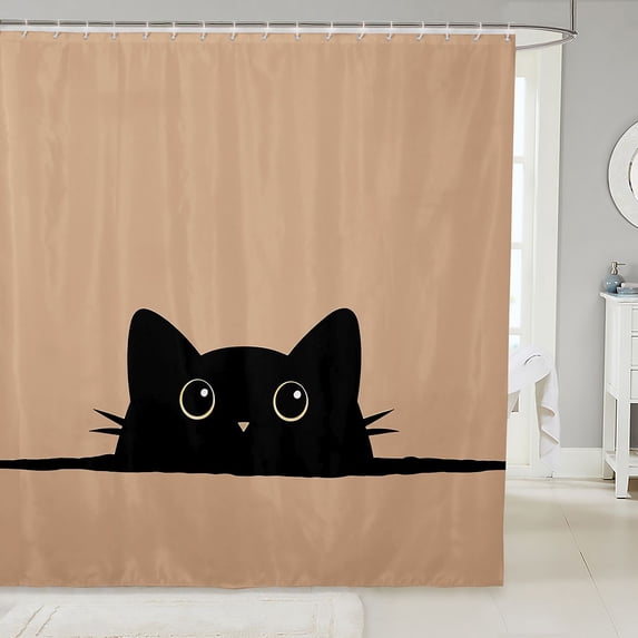 Manfei Kawaii Cat Shower Curtain 72Wx72L, Simple Art Animal Bathroom Curtain, Black Beige