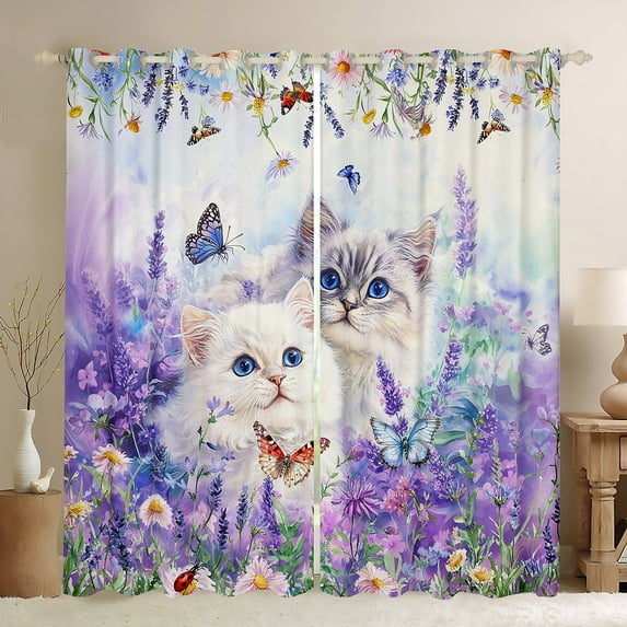 Manfei Kawaii Cat Teens Blackout Curtains Set of 2 (52x84 Each), Purple Blossoms Flower Window Curtains, Dreamy Butterfly Animal Curtains and Drapes, Window Curtains Home Decor