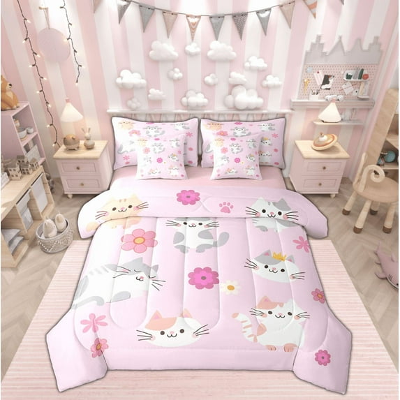 Feelyou Kawaii Cat Twin Bedding Sets 7-Piece, Cartoon Flower Floral Bedding Comforter Set, Pink Princess Style Sheet Sets, Ultra Soft Bedroom Decor
