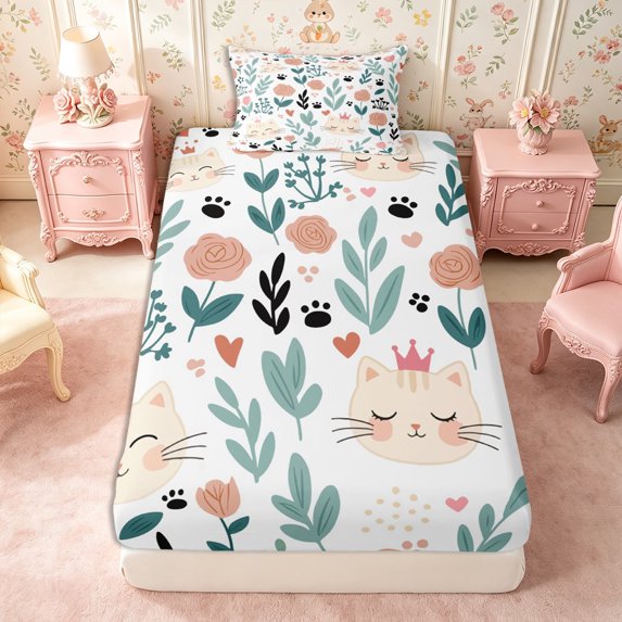 Manfei Kawaii Cat Twin Fitted Sheet 2 Pieces,Floral Pet Bedding,1 Fitted Sheet and 1 Pillowcase