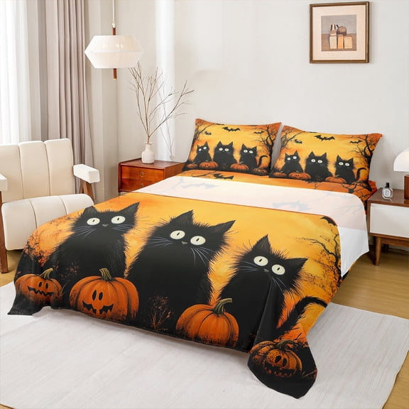 Manfei Kawaii Cat Twin Sheet Sets,Spooky Halloween Twin Fitted Sheet,Pumpkin Lantern Bat Flat Sheet For Kids,Luxury Bedroom Decor,3pcs