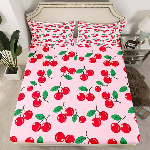 Manfei Kawaii Cherry 4pcs Bed Sheets,Cartoon Fruit King Sheets,Red Pink Super Cozy Sheet Set,Cute Room Decorative