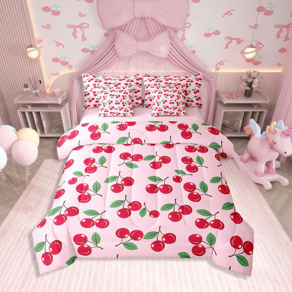 Manfei 7-Piece Kawaii Cherry Cartoon Fruit Red Pink King Bedding Comforter Set, Reversible Ultra Soft Super Cozy Cute Room Decorative