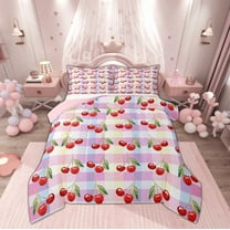 Manfei Kawaii Cherry Bedding Comforter Set for Kid, Cartoon Fruit Print Twin Comforter Sets, Pink Plum Buffalo Reversible Bedding Set, Super Cozy Room Decor, 2-Piece