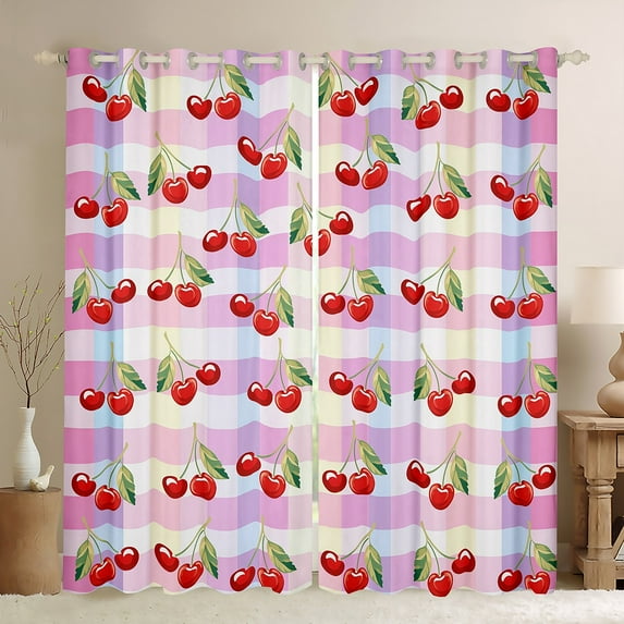 Manfei Kawaii Cherry Black Out Curtains for Kid, Cartoon Fruit Print Curtains Pack of 2 (42x63 Each), Pink Plum Buffalo Bedroom Curtains, Curtains and Drapes Room Decor