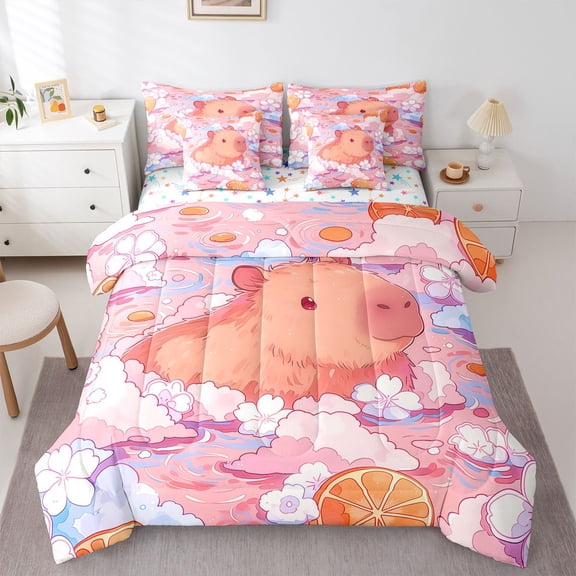 Manfei Kawaii Cherry Blossoms 7pcs Queen Bedding,Lovely Capybara Bedding Comforter Set Queen,Pink,Colorful Stars Reversible