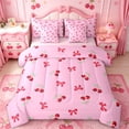 thumbnail image 1 of Manfei Kawaii Cherry Bow 7-Piece Bedding Comforter Set For Girls,Christmas Red Bowknot King Bedding Sets For Kids,Pink Reversible, 1 of 7