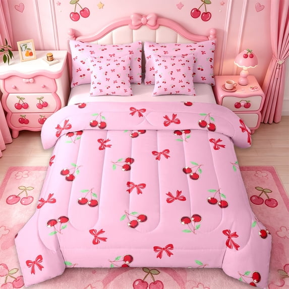Manfei Kawaii Cherry Bow 7-Piece Bedding Comforter Set For Girls,Christmas Red Bowknot King Bedding Sets For Kids,Pink Reversible