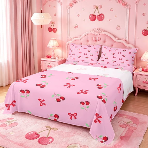 Manfei Kawaii Cherry Bow Queen Sheet Sets For Girls,Christmas Red Bowknot Bed Set For Kids,4-Piece
