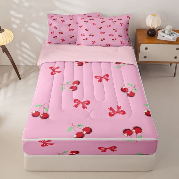 Manfei Kawaii Cherry Bow Zipper Twin Comforter Sets with Fitted Sheet and 2 Pillowcases For Girls,Christmas Red Bowknot Zipper Bedding Set For Kids,Pink Reversible,4-Piece
