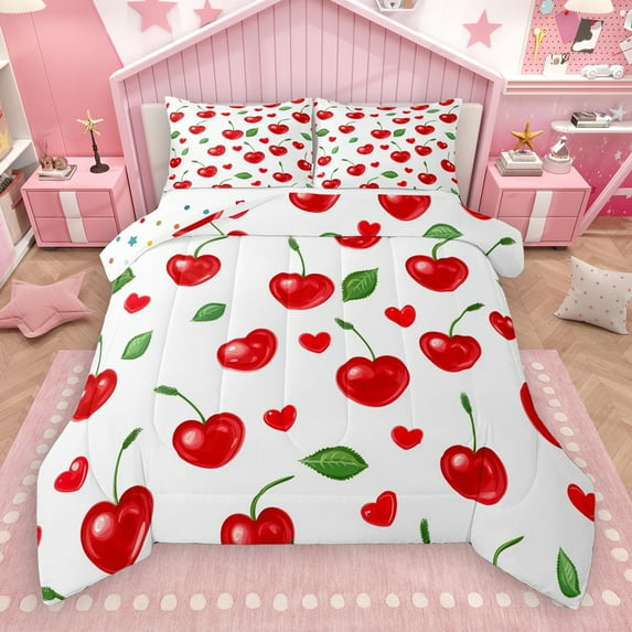 Manfei Kawaii Cherry Full Size Comforter Sets,Sweet Fruit Bedding Comforter Set,Red Heart Print Bedding Sets For Girl Teens,Breathable Home Decor Reversible,3 Pieces