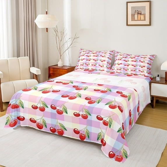 Manfei Kawaii Cherry Full Size Sheets for Kid, Cartoon Fruit Print Bed Sheets, Pink Plum Buffalo Sheet Sets, Super Cozy Room Decor, 4-Piece