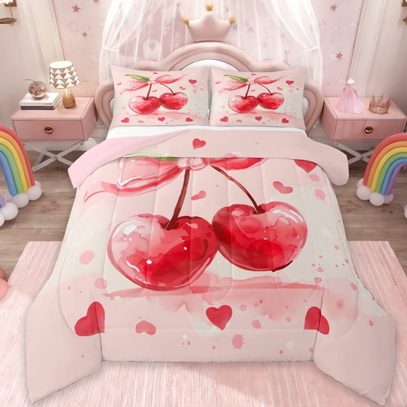 Manfei Kawaii Cherry Queen Comforter Set,Cartoon Heart Print Bedding Sets,Pink Red Bedding Comforter Set For Girls Kids,Luxury Bedroom Decor Reversible,3-Piece