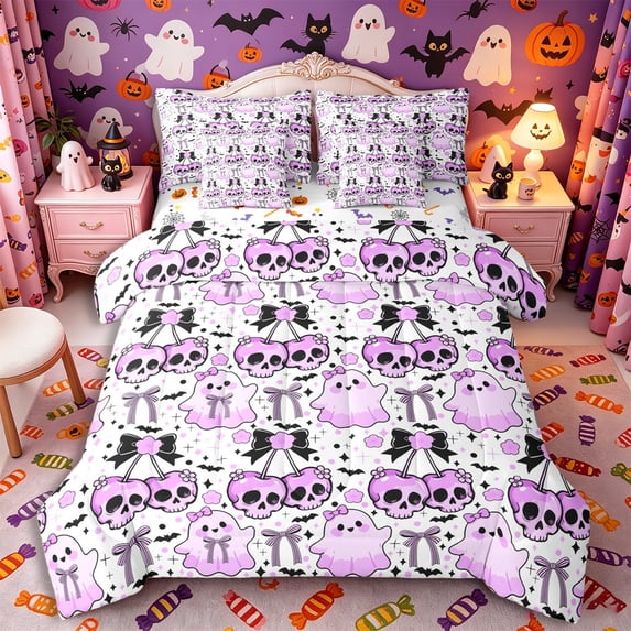 Manfei Kawaii Cherry Sugar Skull Full Size Bedding Sets 7 Pieces, Halloween Cute Ghost Bow Bat Full Size Bed in a Bag, Purple White Black,Reversible