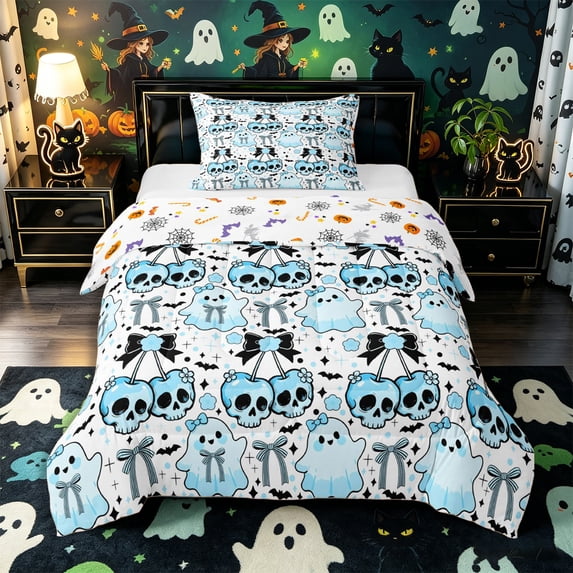 Manfei Kawaii Cherry Sugar Skull Twin Comforter Sets 2pcs, Halloween Cute Ghost Bow Bat Bedding Set, Blue White Black,Reversible,1 Comforter and 1 Pillowcase