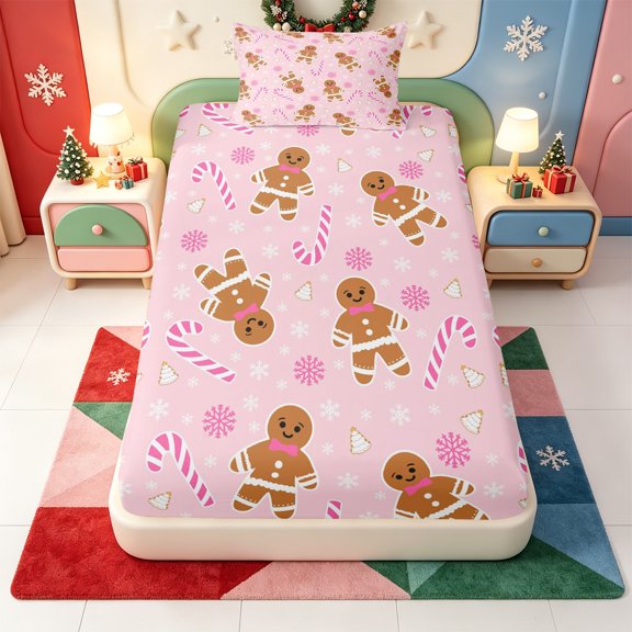 Manfei Kawaii Christmas Animals Twin Fitted Sheet,Western Xmas Festive Bedding,2-Piece,1 Fitted Sheet and 1 Pillowcase
