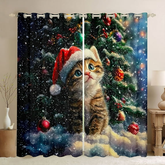 Homewish Kawaii Christmas Cat Blackout Curtains Set of 2 (52x84 Each) for Child, Winter Xmas Tree Window Curtains, Happy New Year Curtains and Drapes, Blackout Curtains Room Decor