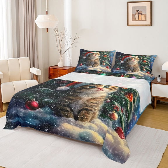 Homewish Kawaii Christmas Cat Twin Sheet Sets for Child, Winter Xmas Tree Twin Fitted Sheet, Happy New Year Flat Sheet, Super Cozy Room Decor, 3 Pieces