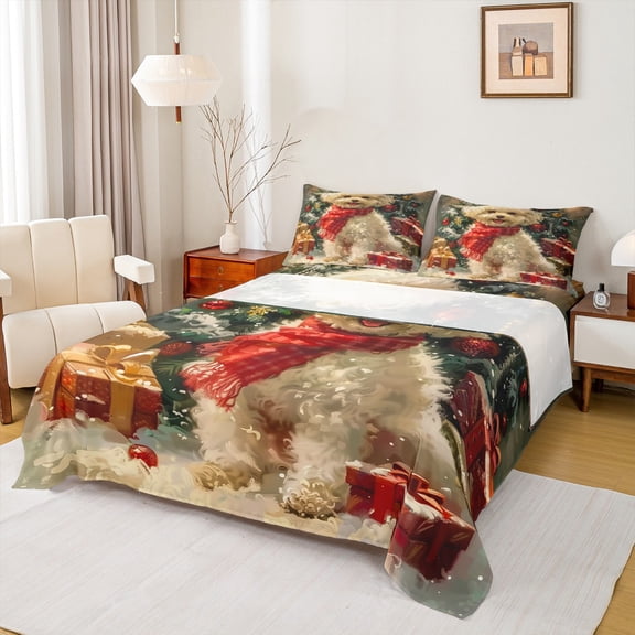 Manfei Kawaii Christmas Dog Bed Sheets for Kids, Cute Cartoon Animal King Sheets, Magic Xmas Gift Sheet Set, Luxury Bedroom Decor, 4 Pieces