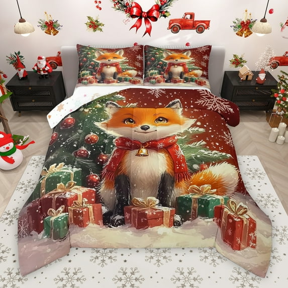 Manfei Kawaii Christmas Fox Full Size Comforter Sets for Kids, Vintage Cartoon Bedding Comforter Set, Magic Xmas Gift Reversible Bedding Sets, Lightweight Room Decor, 3-Piece