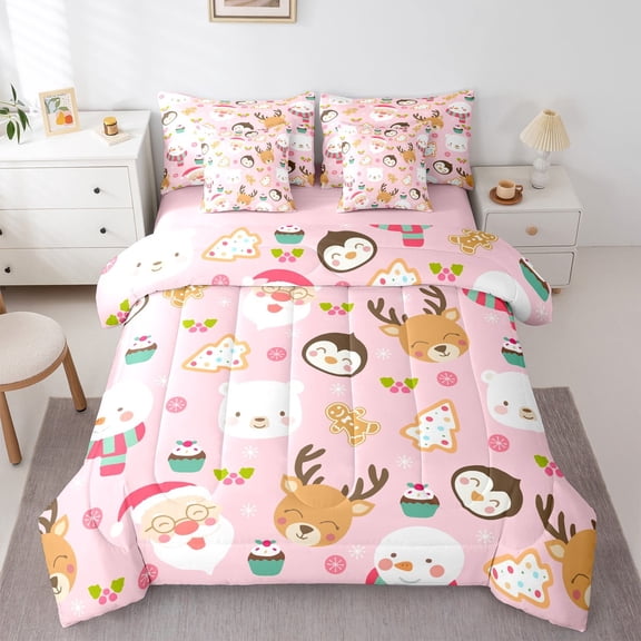 Manfei Kawaii Christmas Reindeer Bedding Comforter Set 7pcs,Cute Santa Claus Queen Bedding Sets,Merry Xmas Queen Sheet Sets For Teens,Breathable Home Decor Reversible