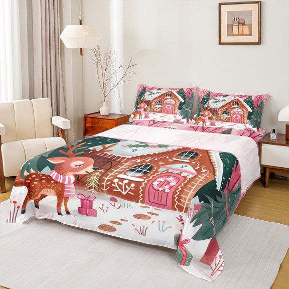 Manfei Kawaii Christmas Reindeer Twin Sheet Sets,Brown Gingerbread House Twin Fitted Sheet,Merry Xmas Flat Sheet For Princess,Luxury Bedroom Decor,3pcs