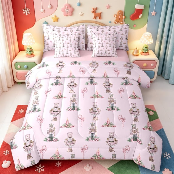 Manfei Kawaii Christmas Snowflake 7pcs Queen Bedding,Winter Holiday Bedding Comforter Set Queen,Pink Reversible