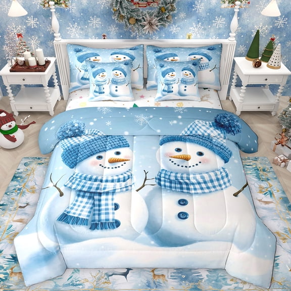 Manfei Kawaii Christmas Snowman 7-Piece Bedding Comforter Set,Merry Xmas King Bedding Sets,White Blue Bed Sheets For Kids,Microfiber Bedroom Decor Reversible