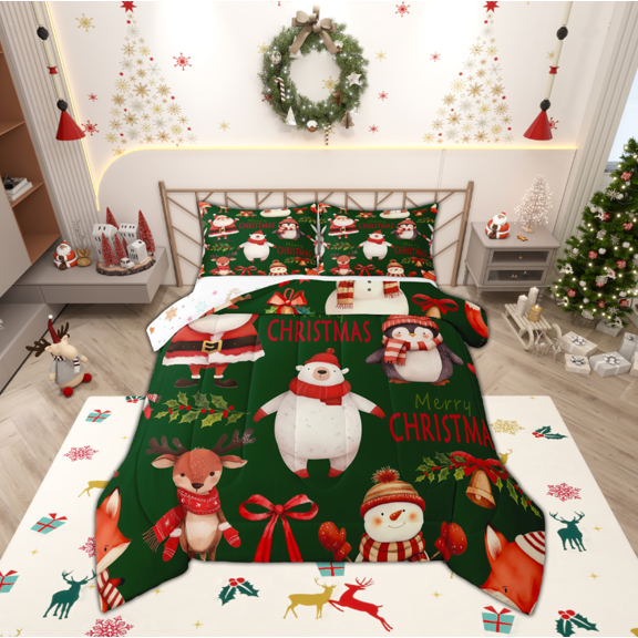 Manfei Kawaii Christmas Snowman Bedding Comforter Set,Wild Bear Deer Twin Comforter Sets,Red Berry Bow Tie Bedding Set For Princess,Luxury Bedroom Decor Reversible,2 Pieces