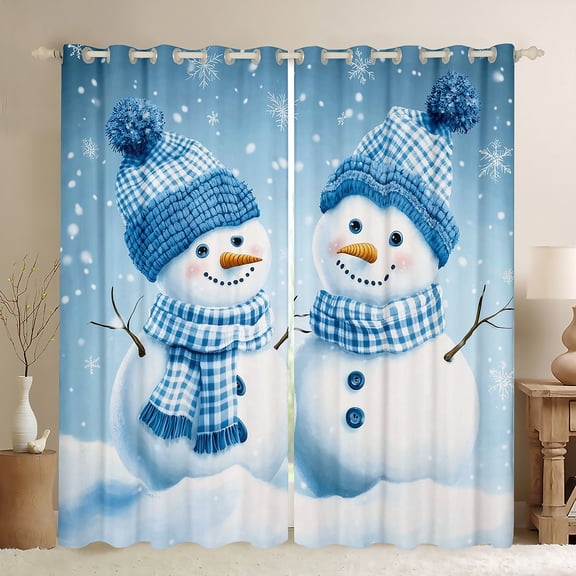 Manfei Kawaii Christmas Snowman Black Out Curtains,Merry Xmas Curtains Pack of 2 (42x63 Each),White Blue Bedroom Curtains For Kids,Microfiber Bedroom Decor